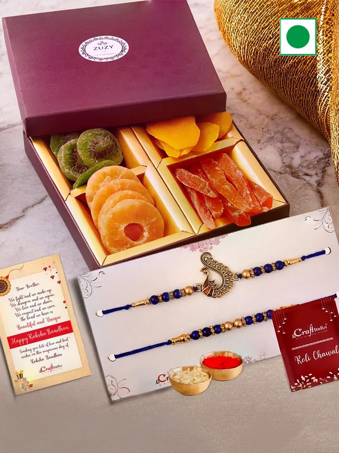 

eCraftIndia Set of 2 Beaded Rakhis with Dried Fruit Box And Roli Chawal, Blue