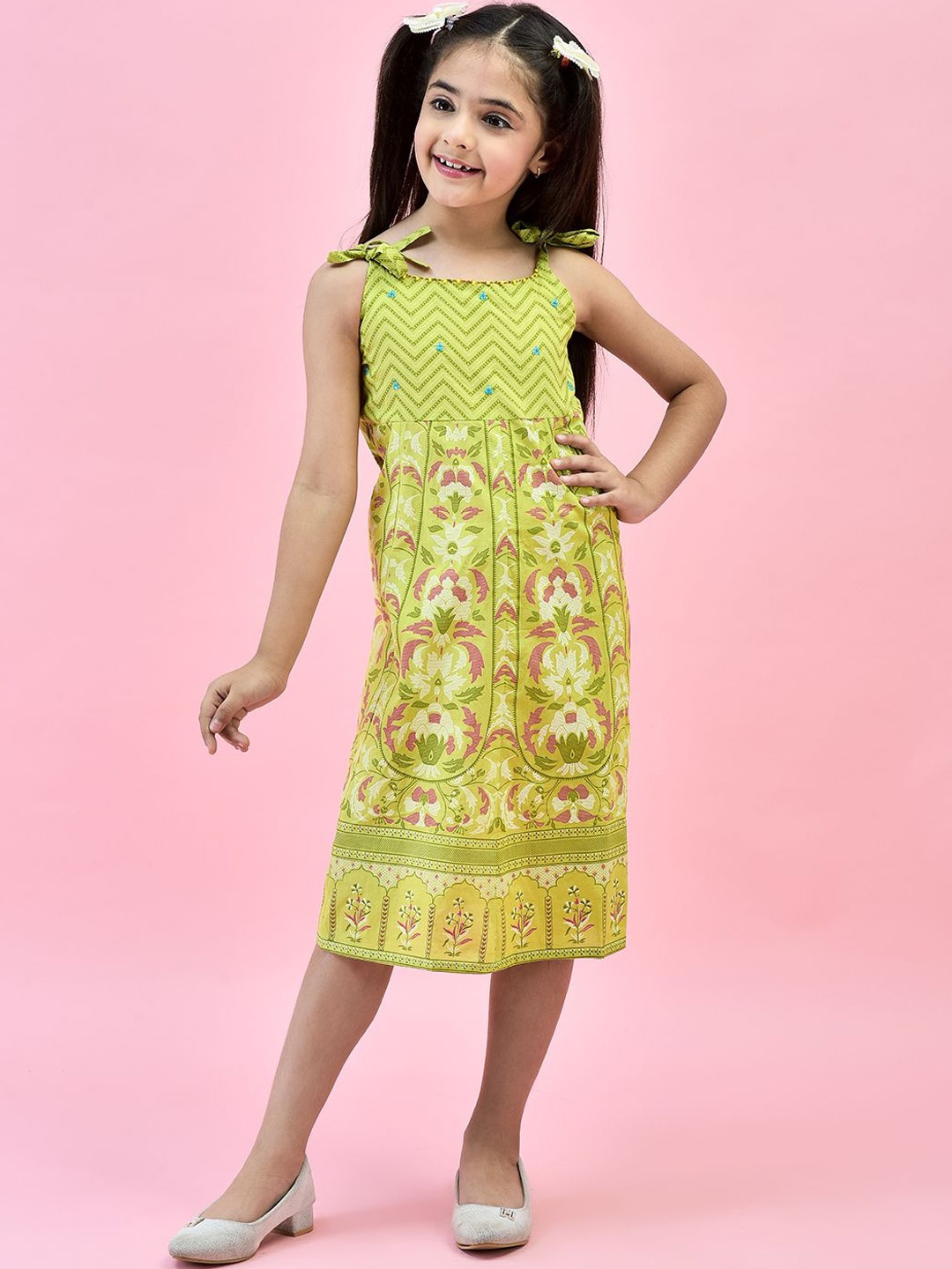 

Juniper Girls Floral Print & Kantha Work Cotton Anarkali Dress, Green