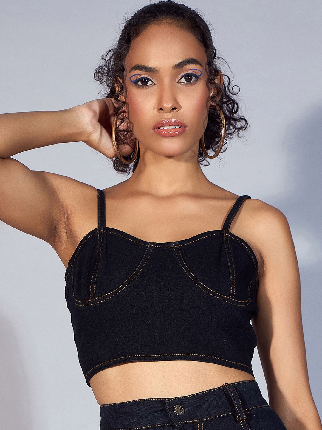

SASSAFRAS Cotton Denim Bralette Crop Top, Black