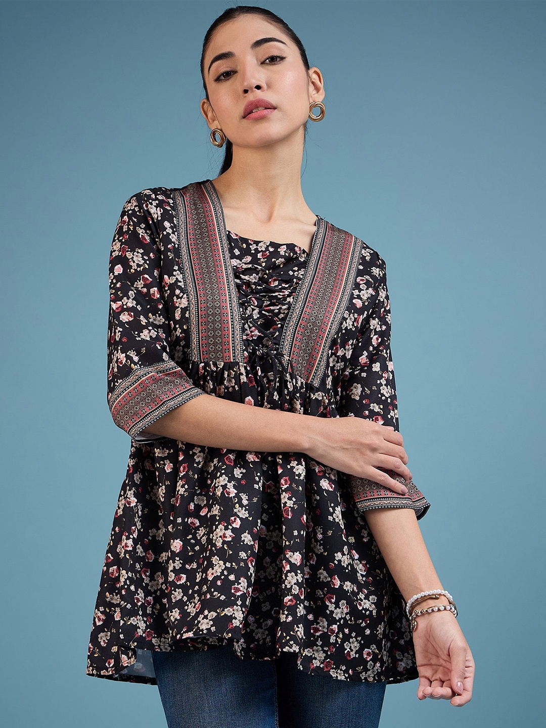 

A.V.M Prints Floral Print Cotton Styled Back Top, Black