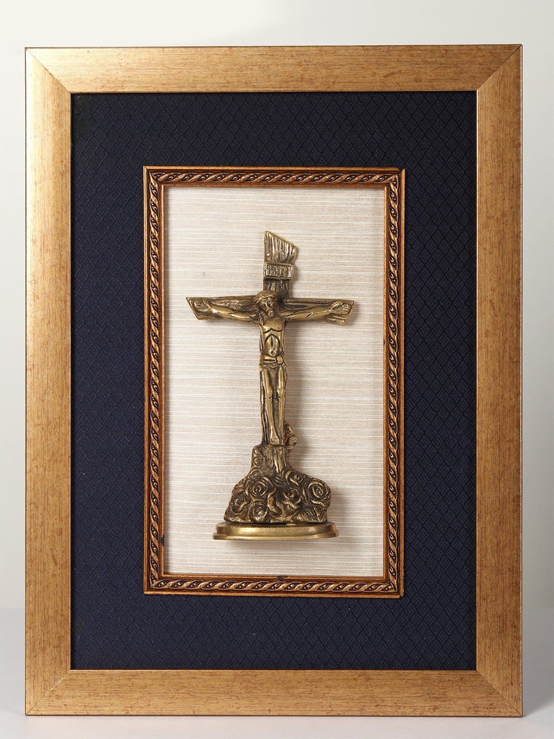 

Exotic India 17" Wood Framed Brass Crucifix Wall Hanging, Gold