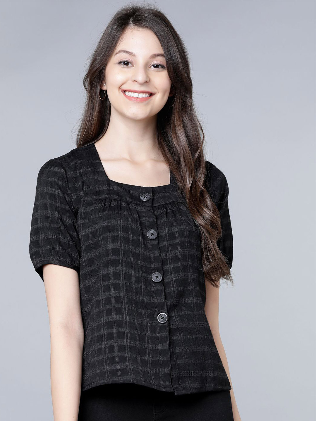 

Tokyo Talkies Checked Puff Sleeve Top, Black