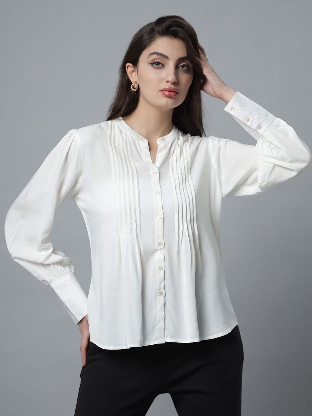 

Chemistry Mandarin Collar Shirt Style Top, White