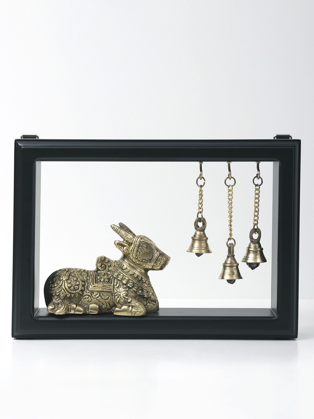 

Exotic India Wooden Framed Brass Nandi Wall Hanging With Bells, Black