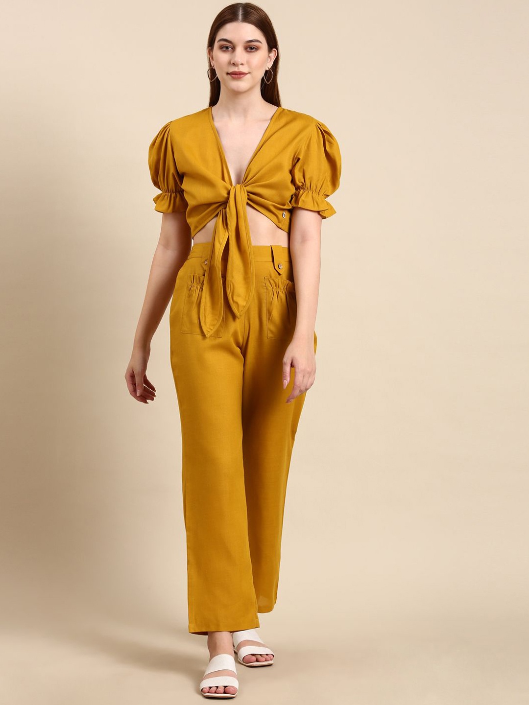 

Bannos Swagger Mustard Yellow V-Neck Tie Up Linen Top With Trousers