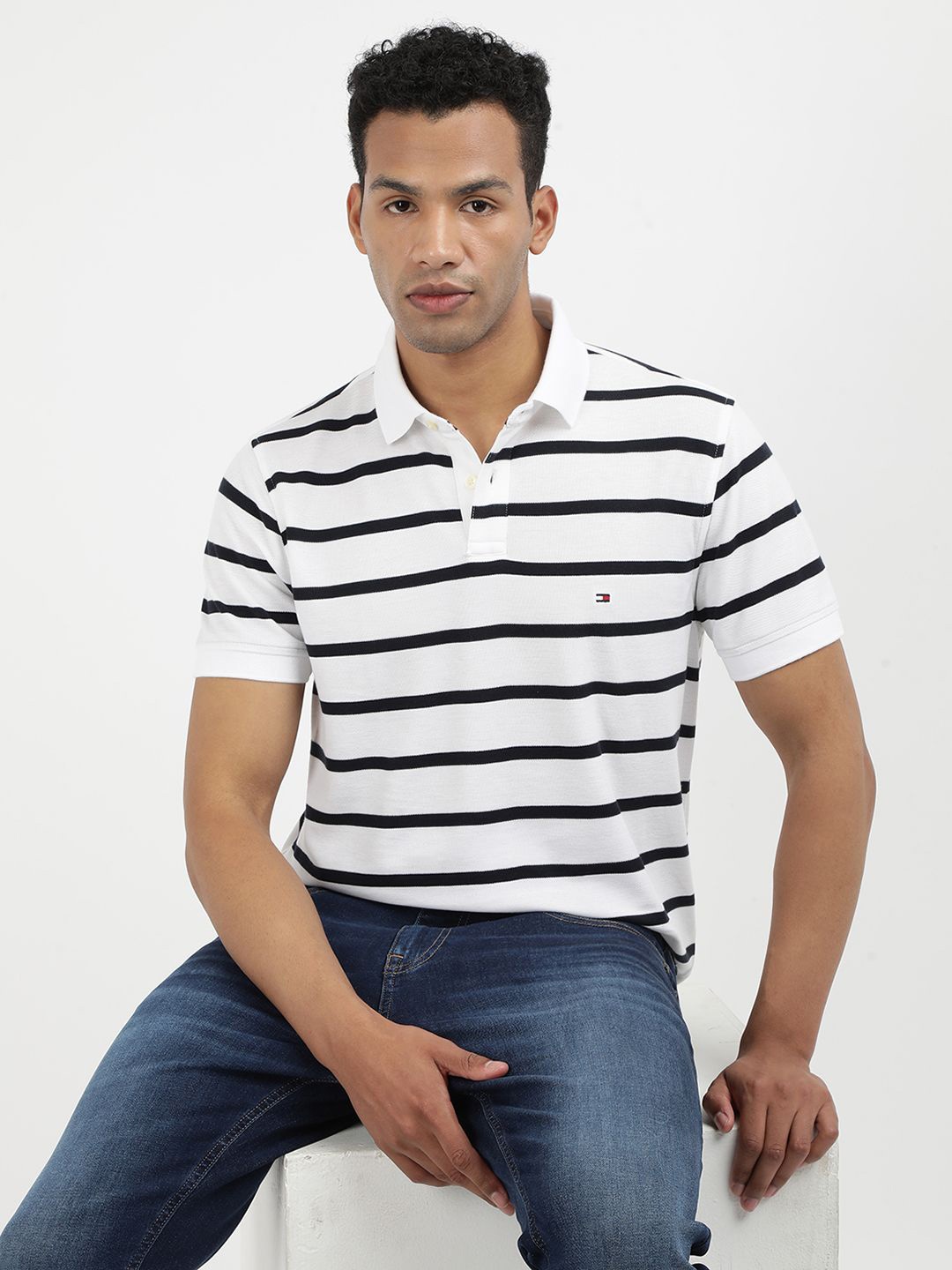 

Tommy Hilfiger Men Striped Polo Collar Cotton T-shirt, White