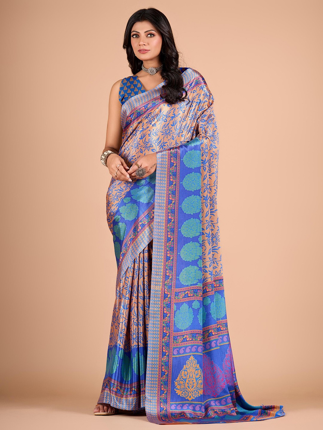

VIRICA Women Floral Printed Saree With Blouse Piece, Blue