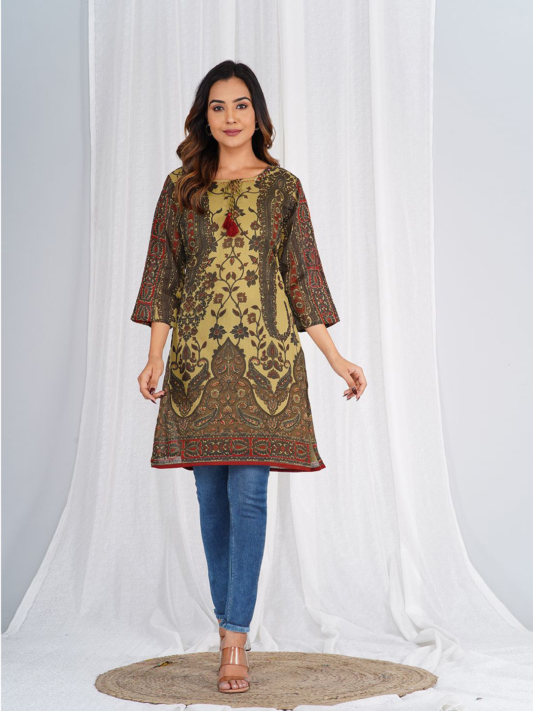 

KALINI Print Ethnic Cotton Longline Top, Green