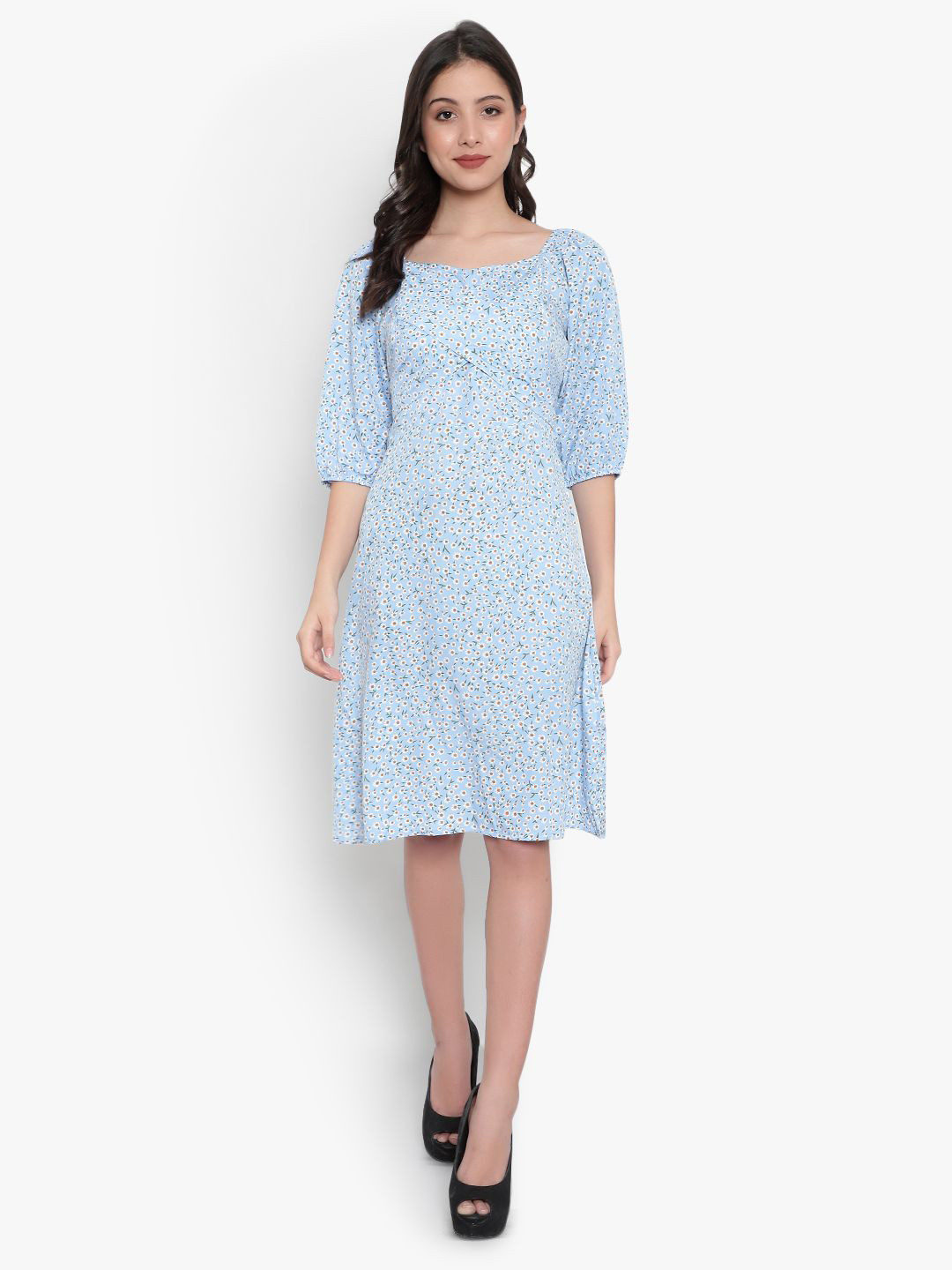 

Indietoga Women Floral A-Line Smocked Midi Dress, Blue