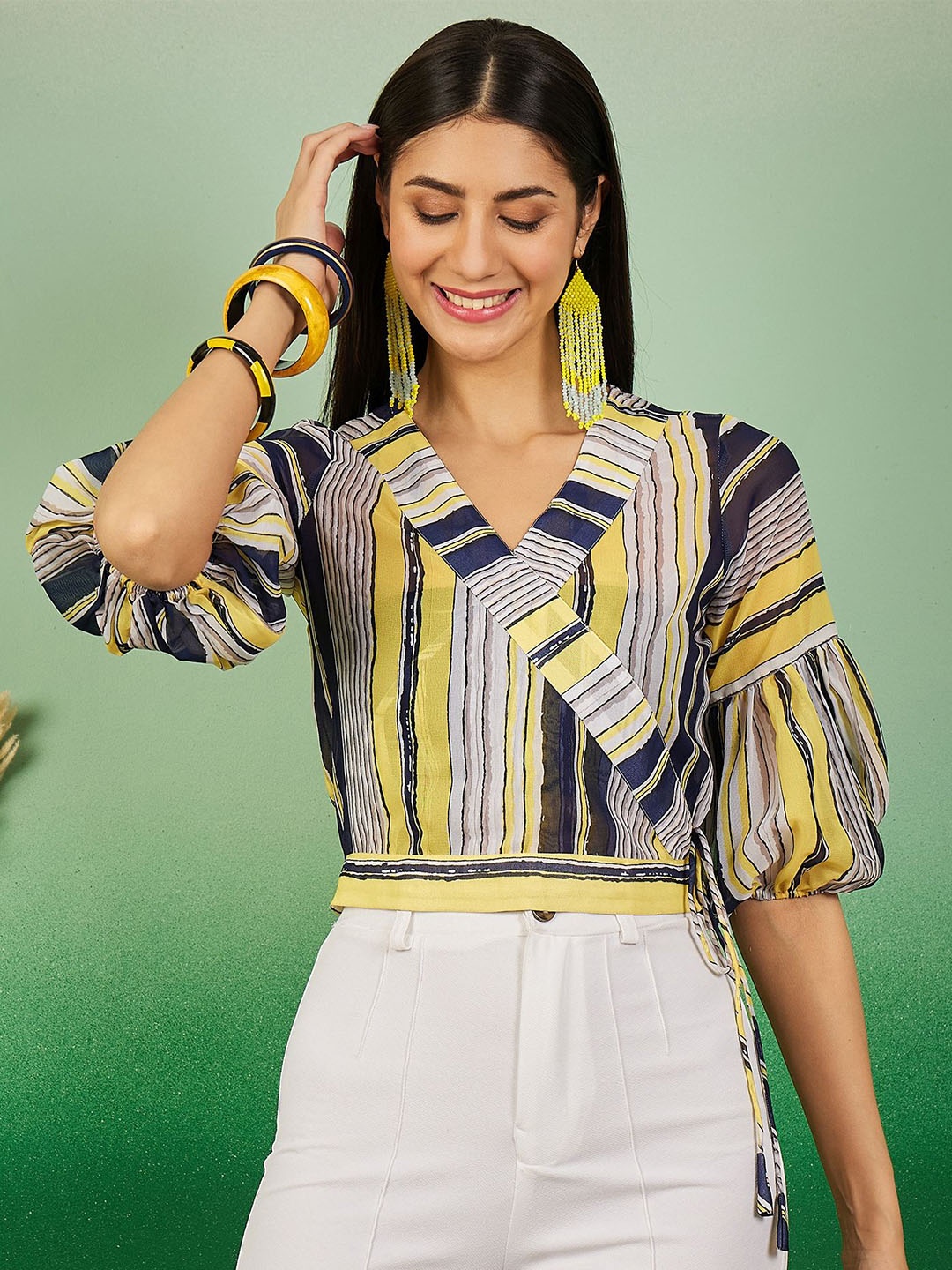 

all about you Striped Puff Sleeve Georgette Crop Top, Yellow