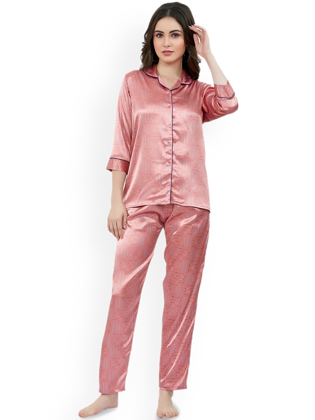 

ESTERIA Women Satin Shirt and Pyjamas Night suit, Pink