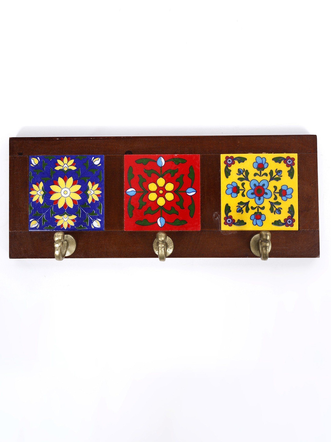 

Exotic India Brass Ceramic Tile Designer Wall Hooks, Red
