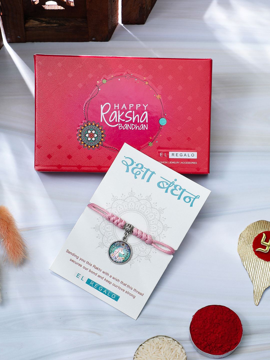 

EL REGALO Girls Horse Charm Thread Rakhi, Pink