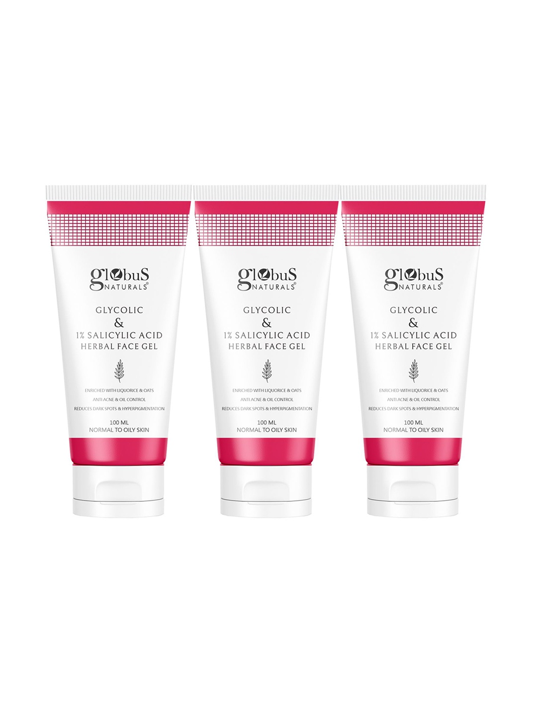 

Globus naturals Set Of 3 Glycolic & 1% Salicylic Acid Herbal Anti Acne Face Gel-100g Each, White