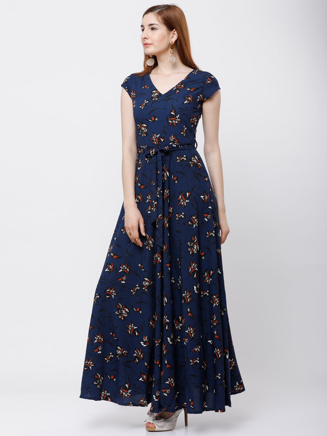 

Tokyo Talkies Floral Printed Cap Sleeves Fit and Flare Maxi Dress, Navy blue