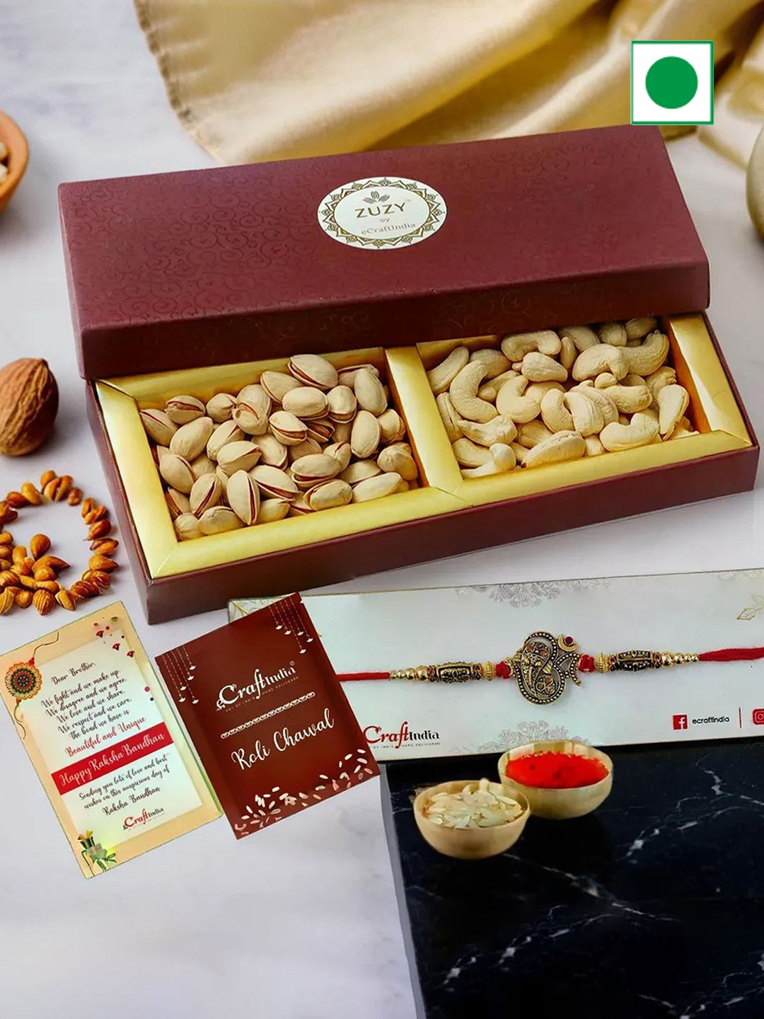 

eCraftIndia Beaded Rakhis with Dry Fruit Box And Roli Chawal, Gold