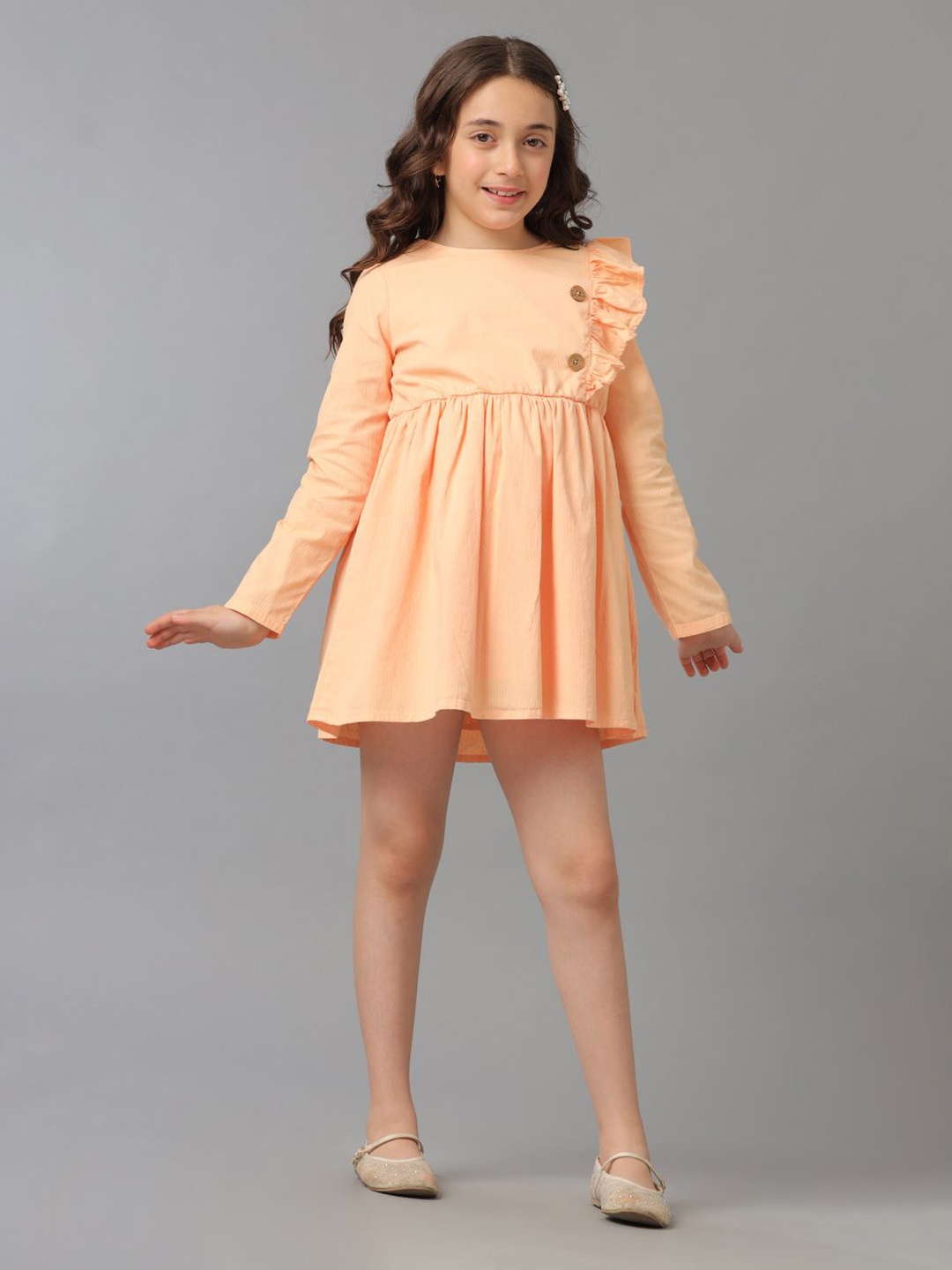 

UNDER FOURTEEN ONLY Girls Cotton Round Neck Mini Fit & Flare Dress, Peach