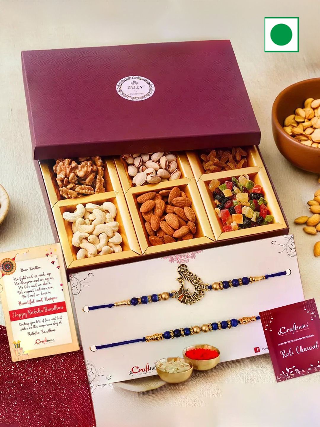 

eCraftIndia Set of 3 Designer Rakhis With Zuzy Sun Dried Fruit Box and Roli Chawal Pack, Blue