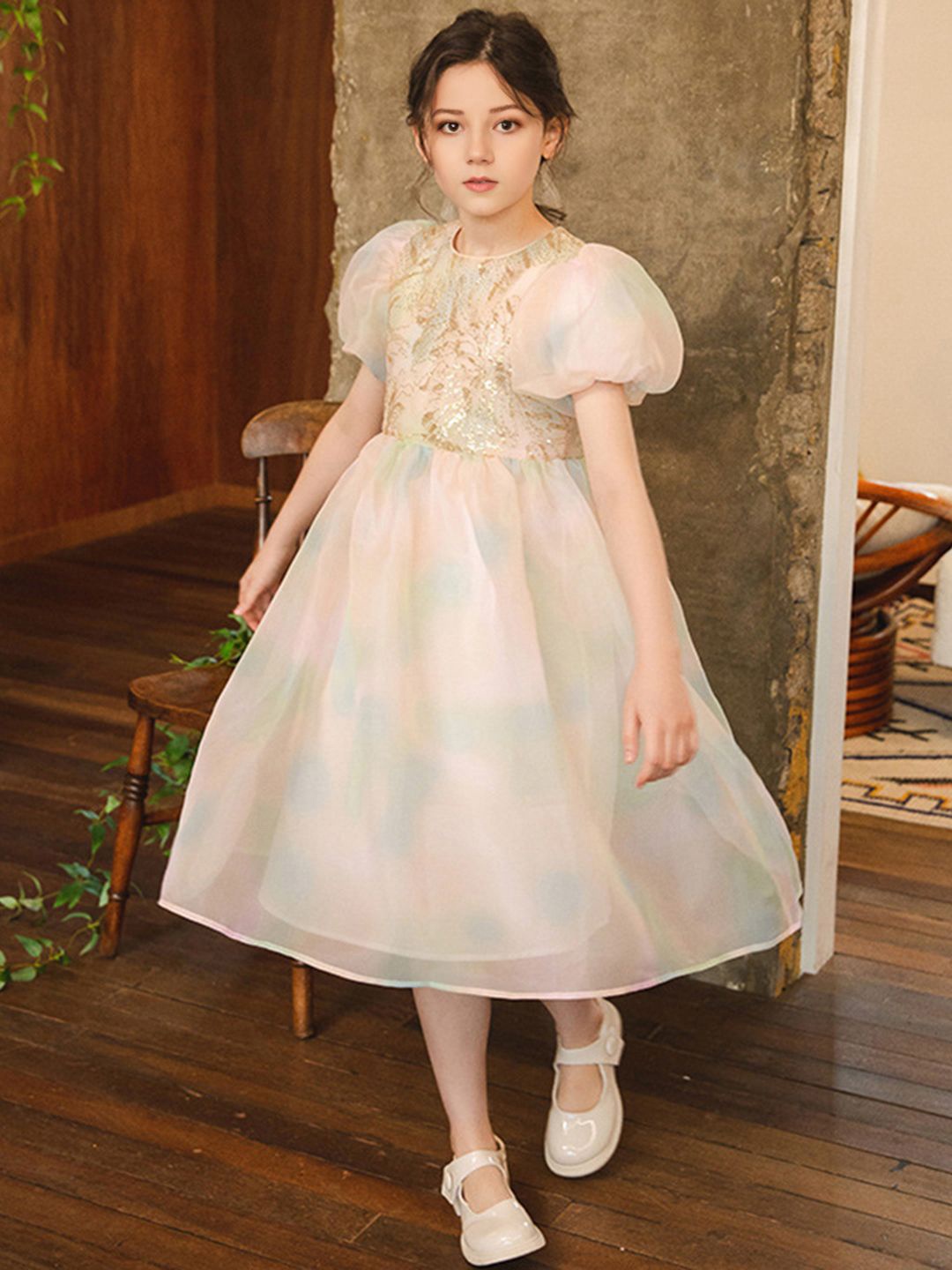 

INCLUD Girls Embellished Puff Sleeves Net Fit & Flare Midi Dress, Gold