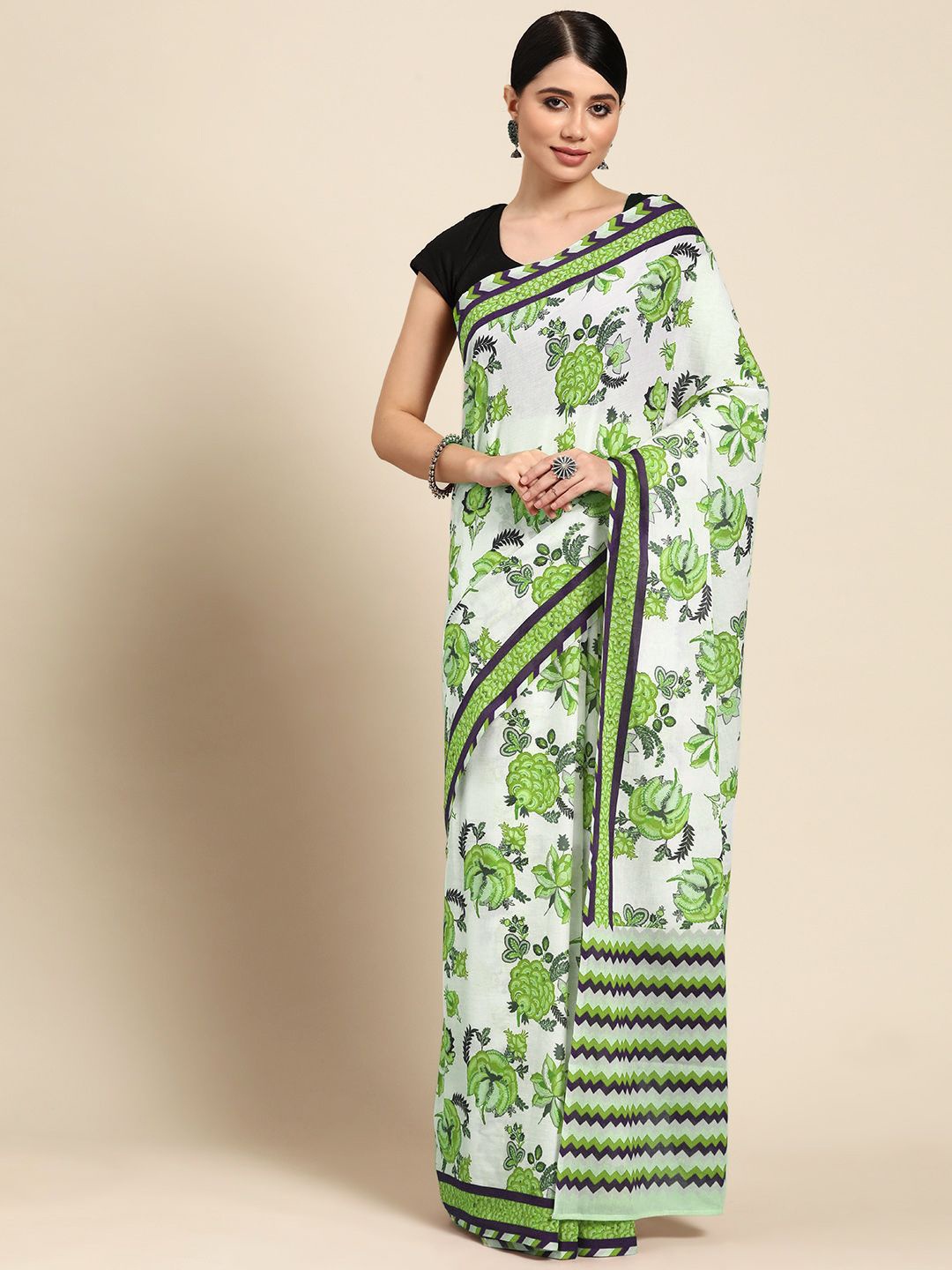 

BUTA BUTI Floral Pure Cotton Saree, Green