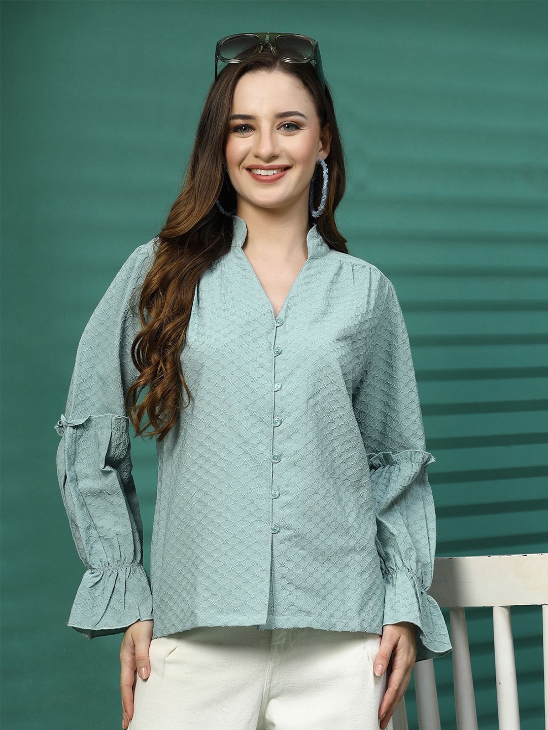 

plusS Women Opaque Striped Casual Shirt, Sea green