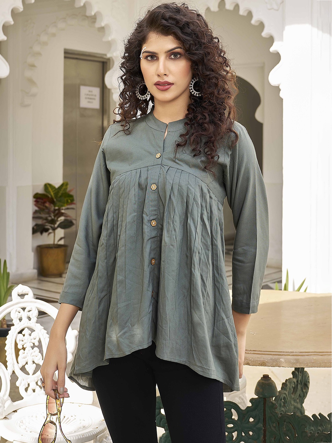 

PEACH PIPER Mandarin Collar Tunic, Green