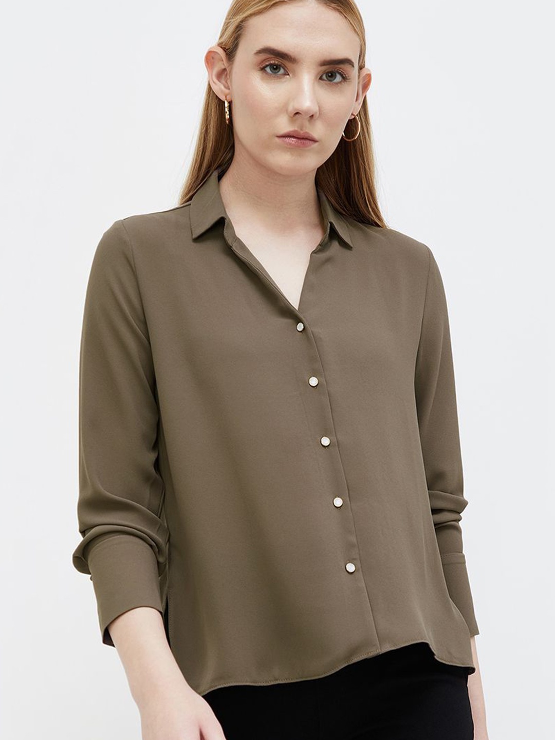 

CODE by Lifestyle Roll-Up Sleeves Shirt Style Top, Beige