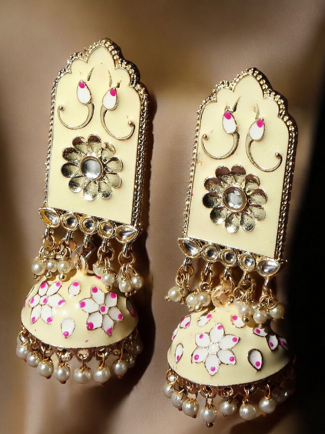 

Anouk Gold Toned Kundan & Pearls Meenakari Drop Earrings