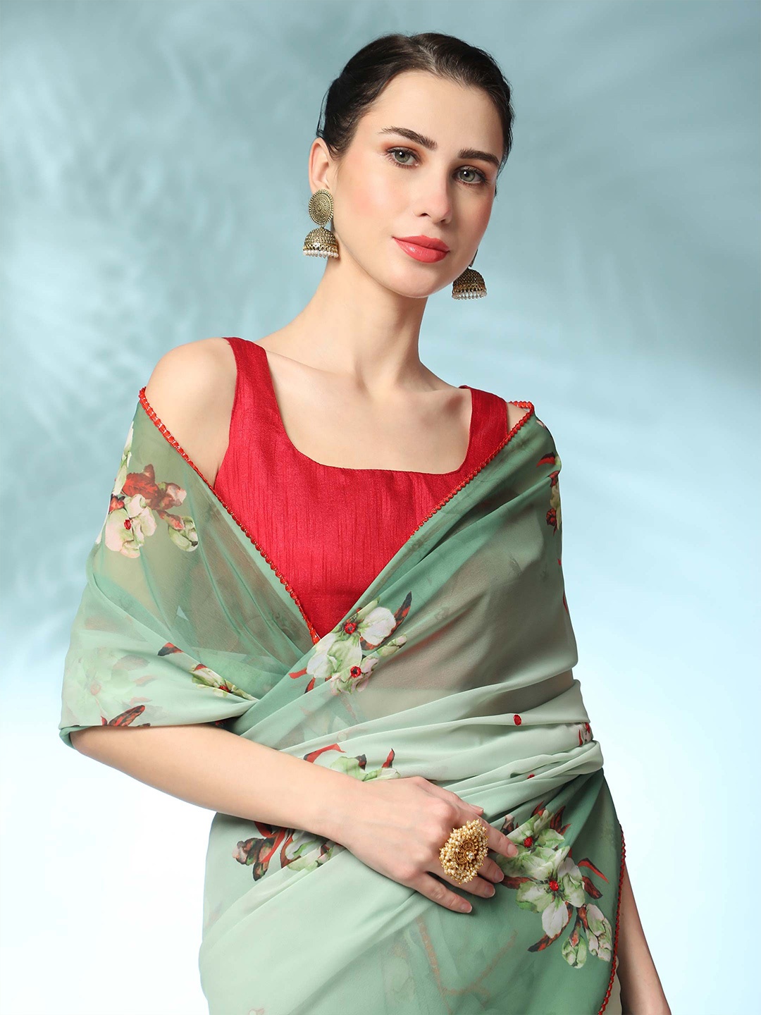 

Vastrasky Global Floral Mirror Work Organza Saree, Fluorescent green