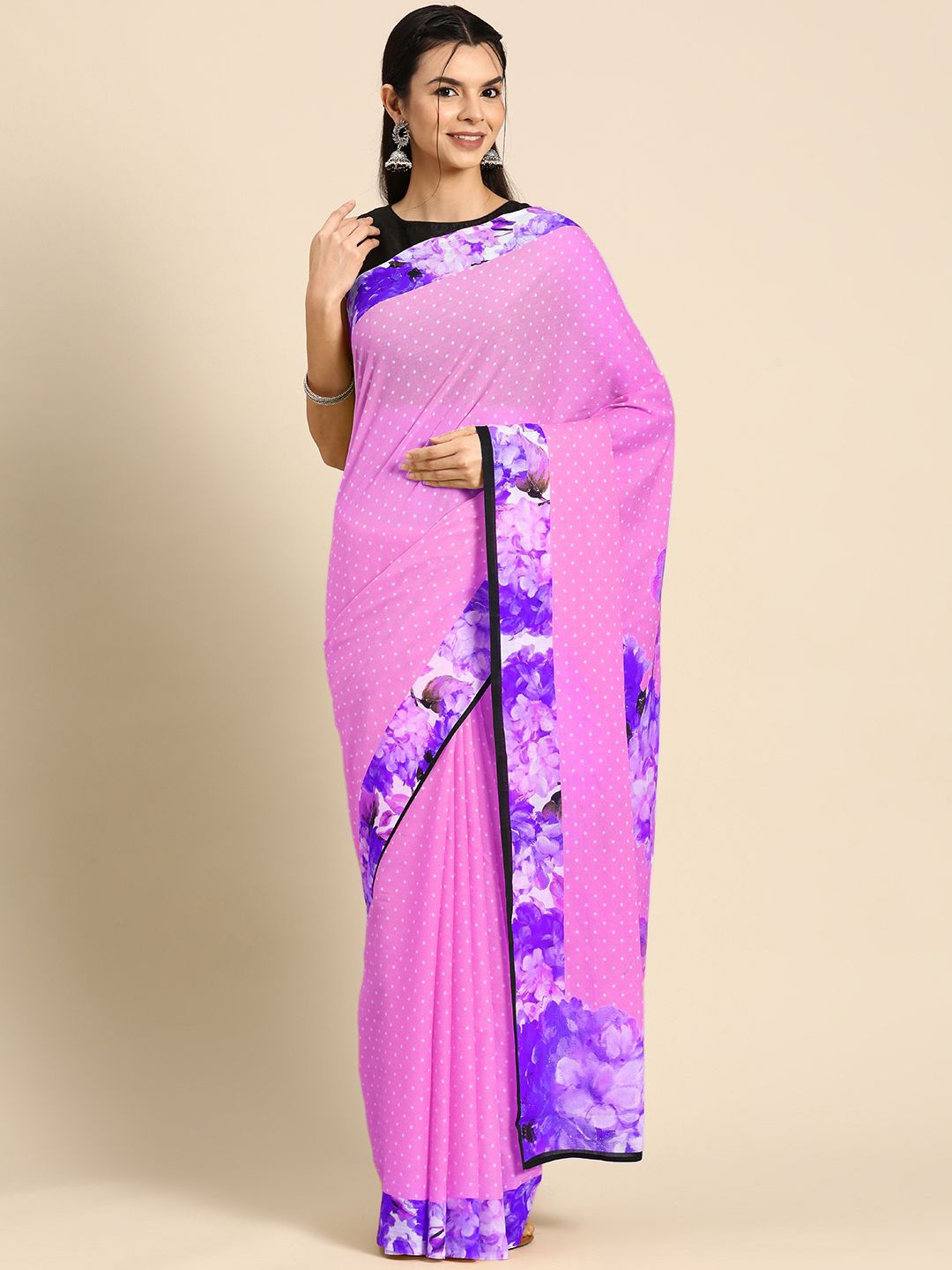 

BUTA BUTI Printed Polka Dot Pure Cotton Saree, Purple