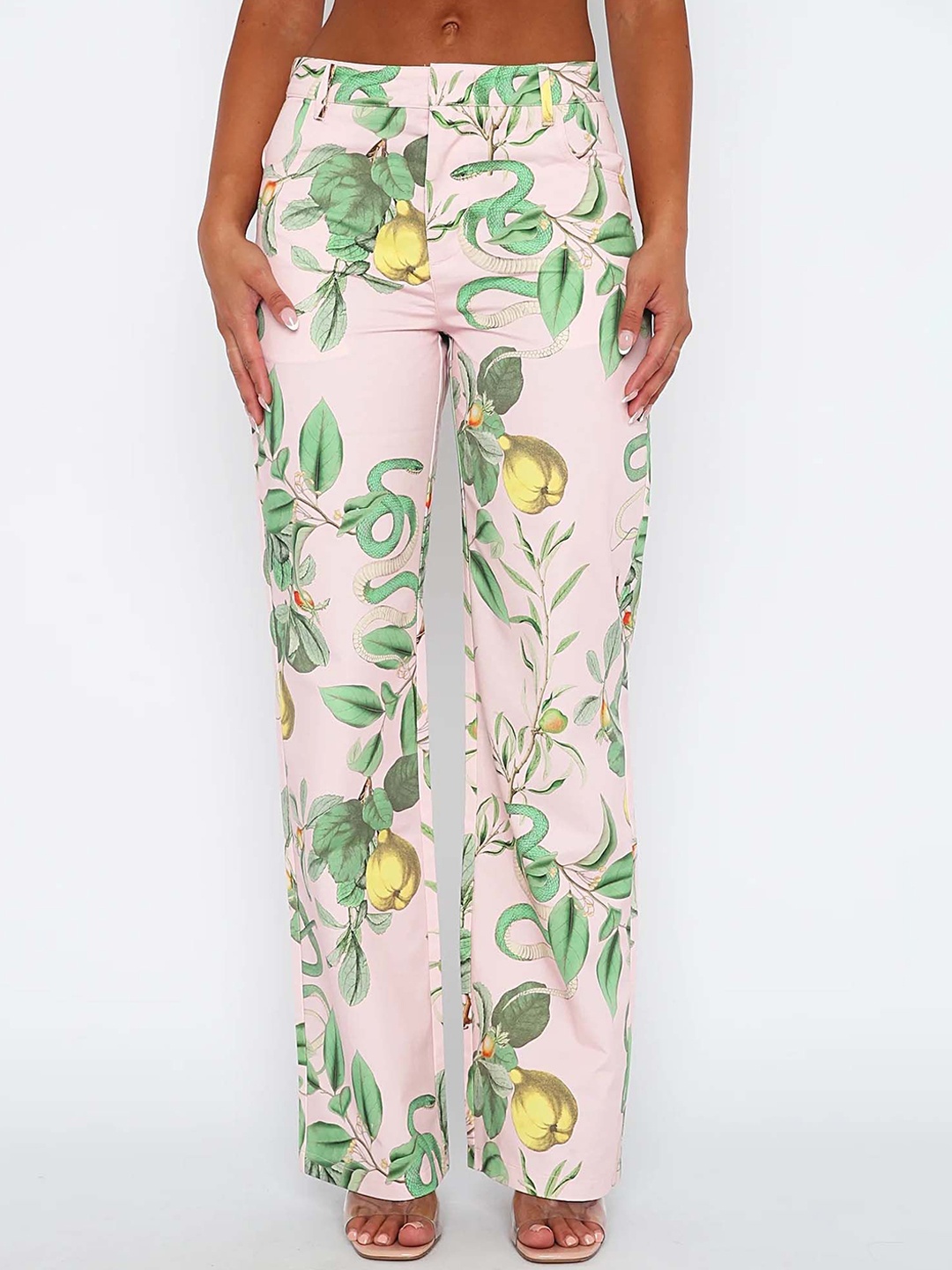 

LULU & SKY Women Floral Printed Straight Fit Low-Rise Wide Leg Trousers, Pink