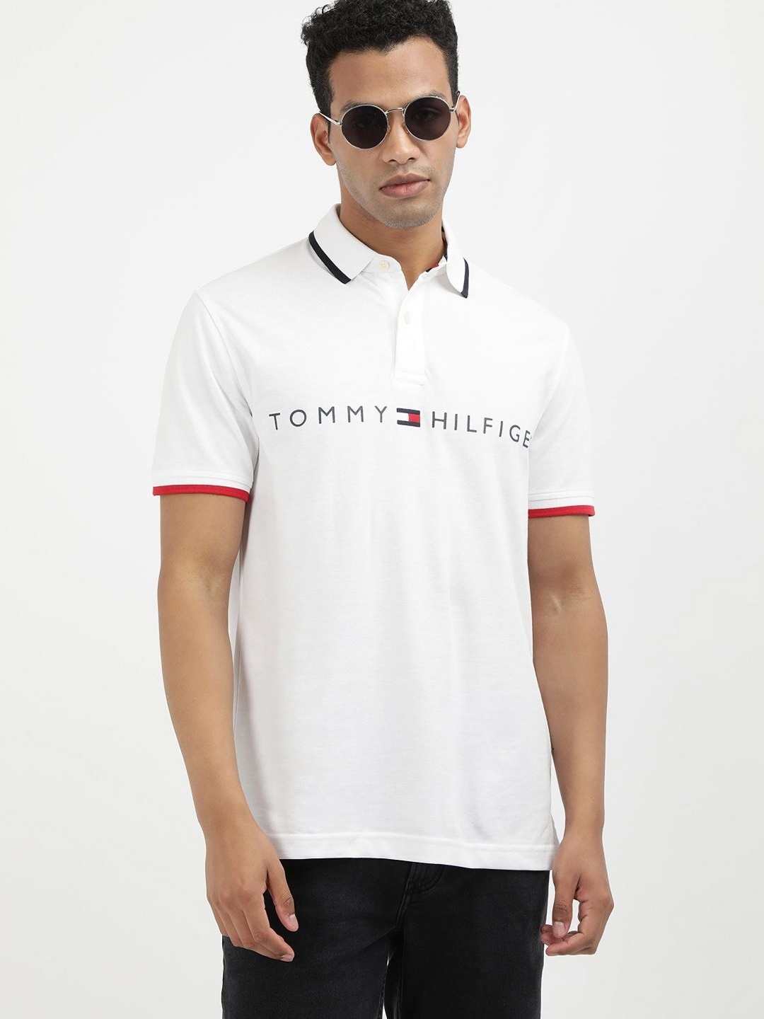 

Tommy Hilfiger Men Printed Polo Collar Cotton Tshirt, White