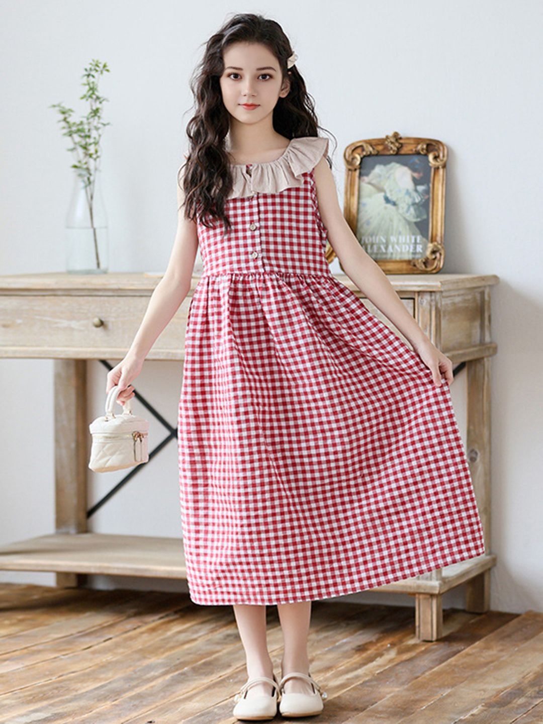 

INCLUD Girls Checked A-Line Midi Dress, Red