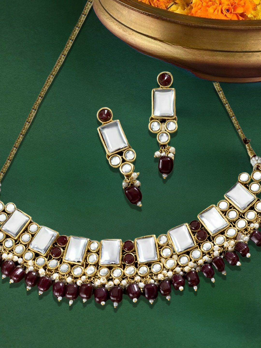 

Anouk Maroon & White Kundan-Studded & Beaded Jewellery Set