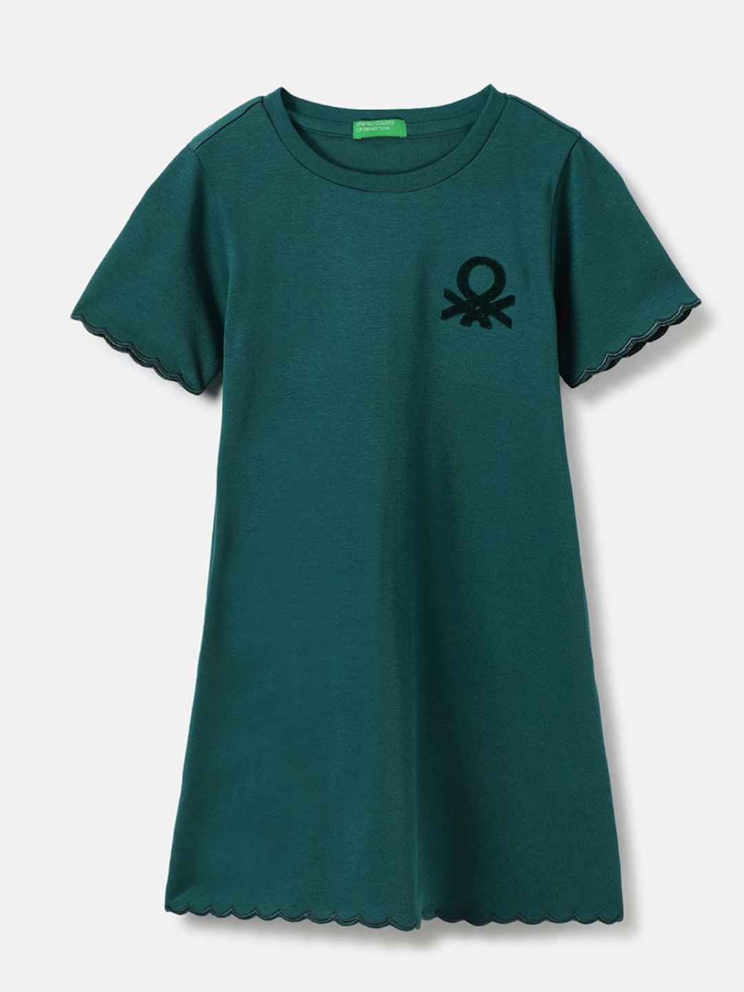 

United Colors of Benetton Girls Regular Fit Round Neck Solid A-Line Dress, Green