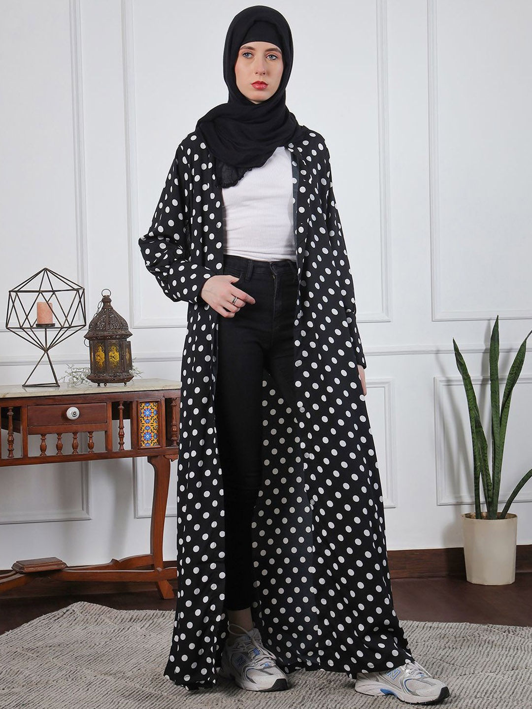 

NABIA Polka Dots Printed Front Open Abaya Burqa, Black