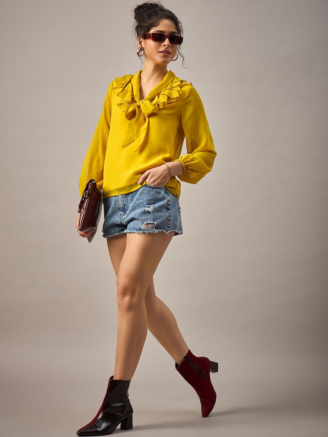 

The Roadster Lifestyle Co Full Sleeve Ruffled Neck Top, Yellow