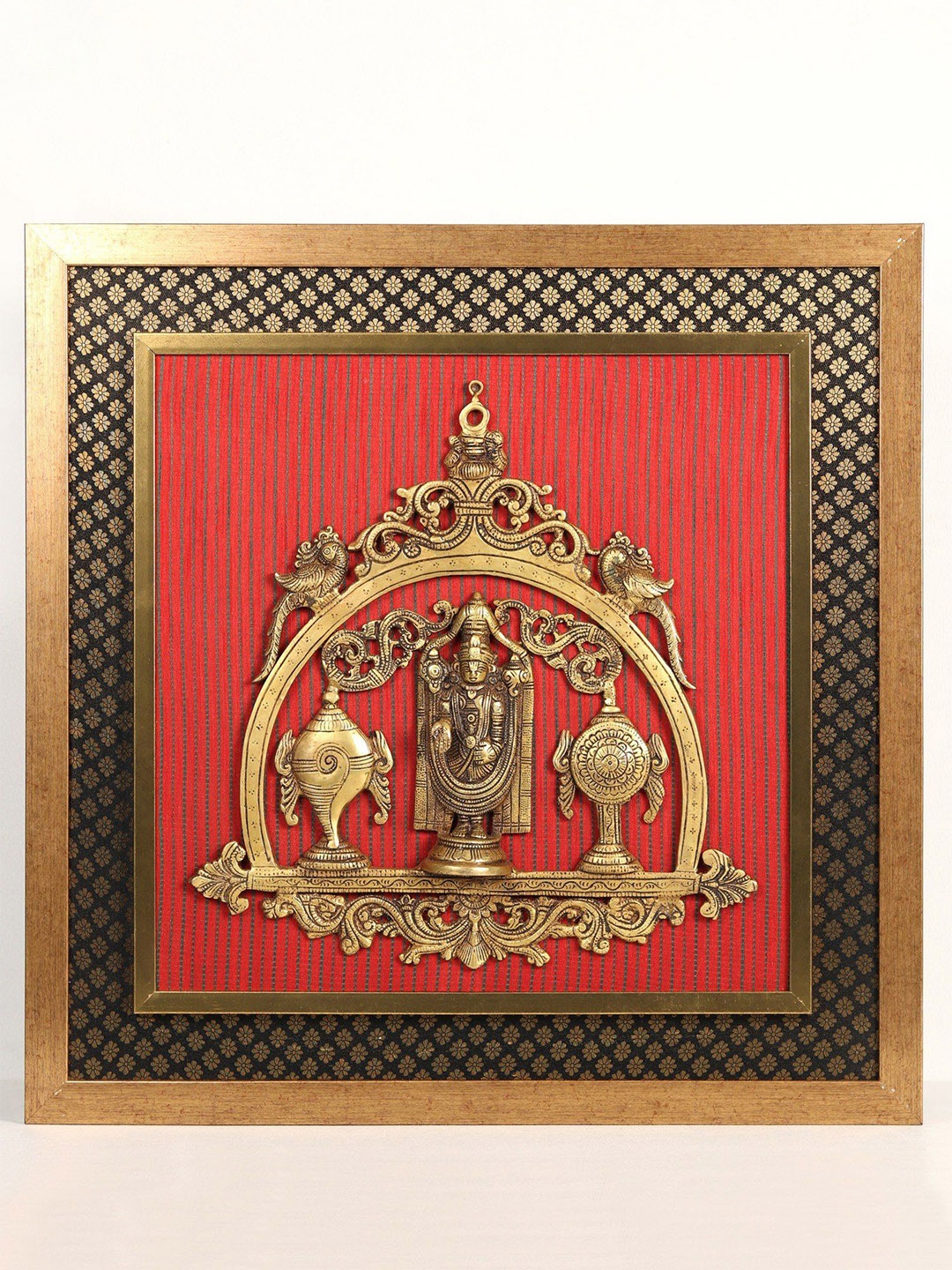 

Exotic India Wooden Framed with Brass Lord Venkateshwar Chakra & Shankh Wall Hanging, Gold