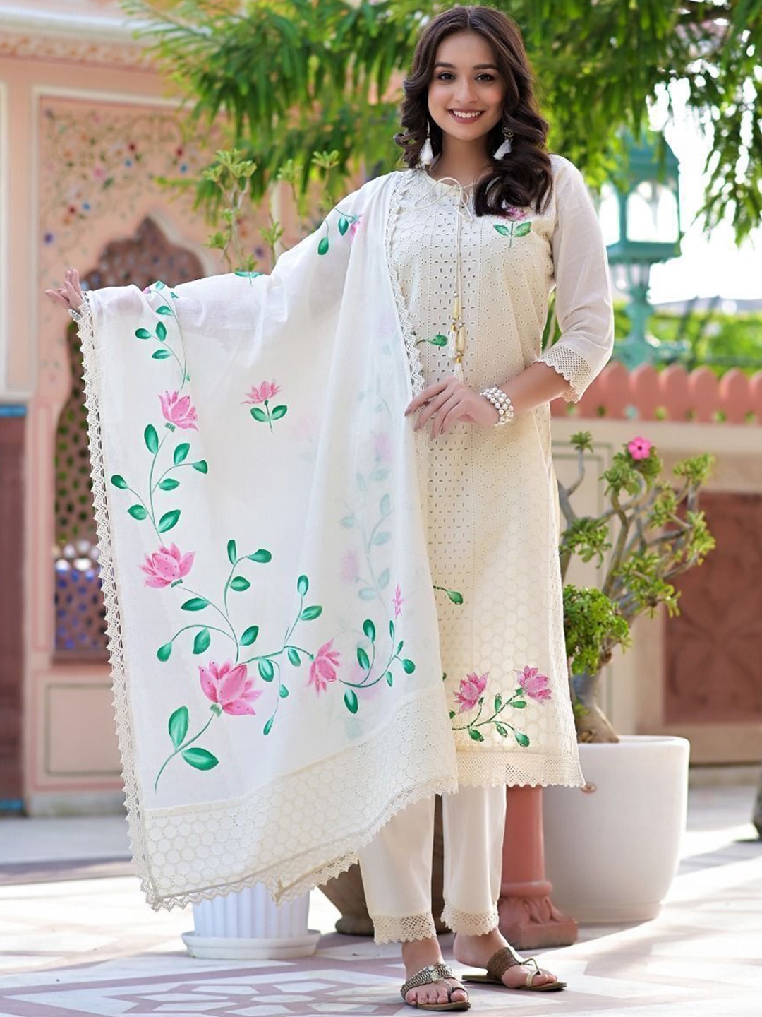 

MILAAV Floral Embroidered Chikankari Tie-Up Neck Straight Kurta With Trousers & Dupatta, White