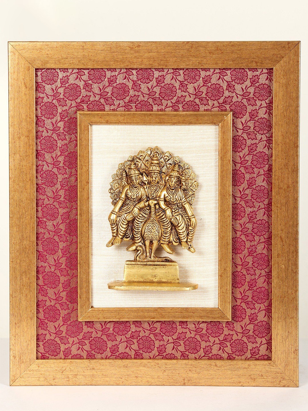 

Exotic India 15" Lord Murugan Brass Idol with Valli Deivanai in Wall Hanging Wood Framed, Gold