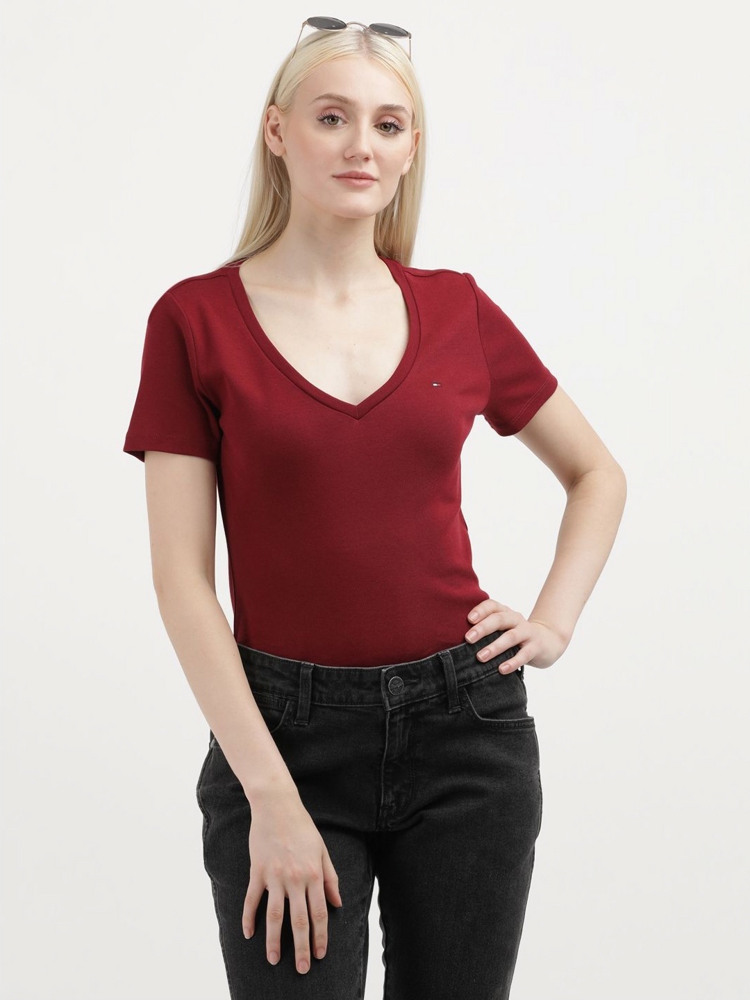 

Tommy Hilfiger Women Solid V-Neck Cotton T-shirt, Red