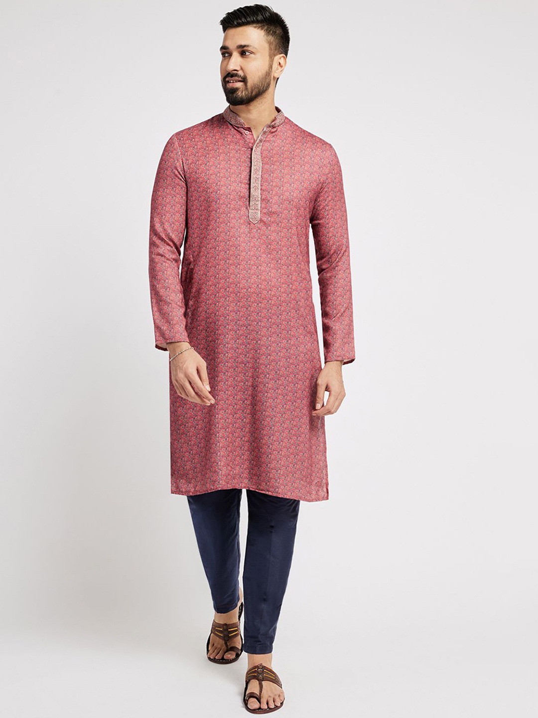 

Ethnic India Mandarin Collar Geometric Printed Straight Kurta, Pink