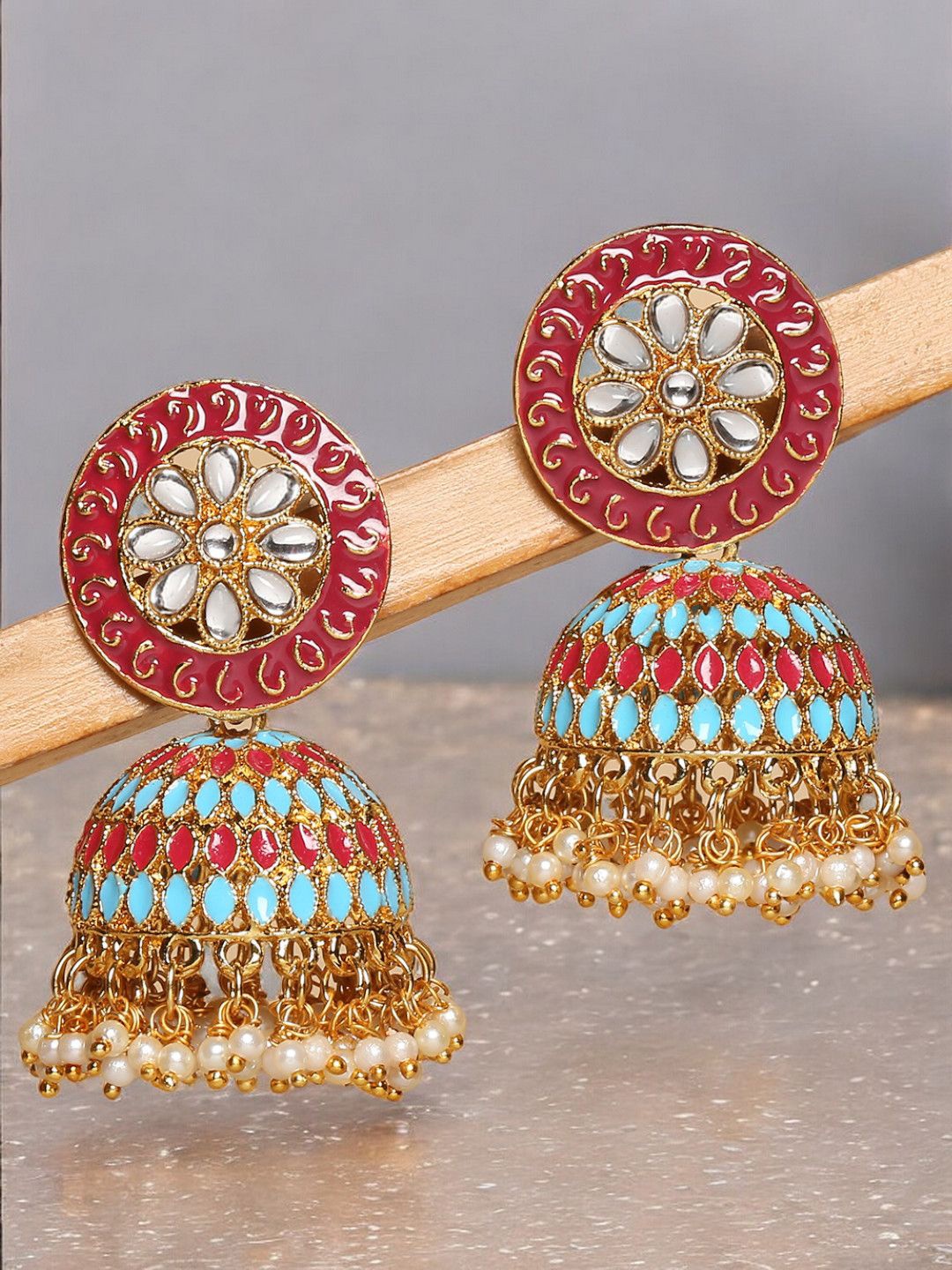 

Anouk Gold-Toned Kundan Studded Dome Shaped Meenakari Jhumkas