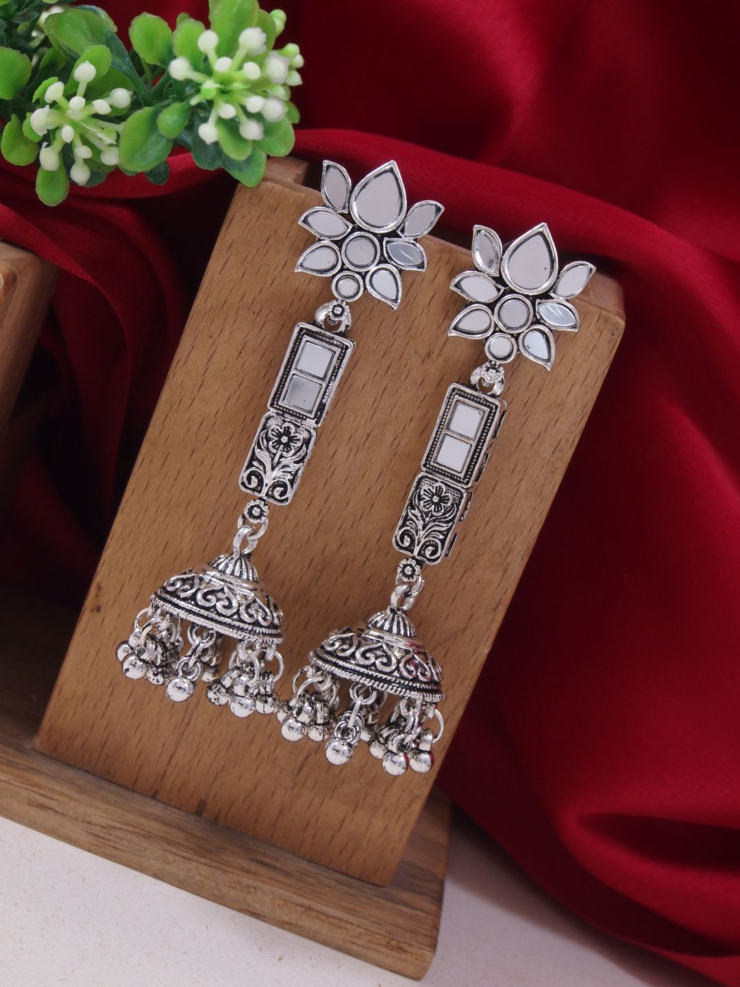 

I Jewels Silver-Plated Lotus Design Oxidised Jhumkas