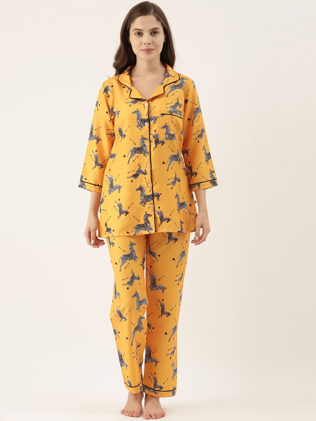 

Bannos Swagger Women Printed Lapel Collar Night suit, Yellow