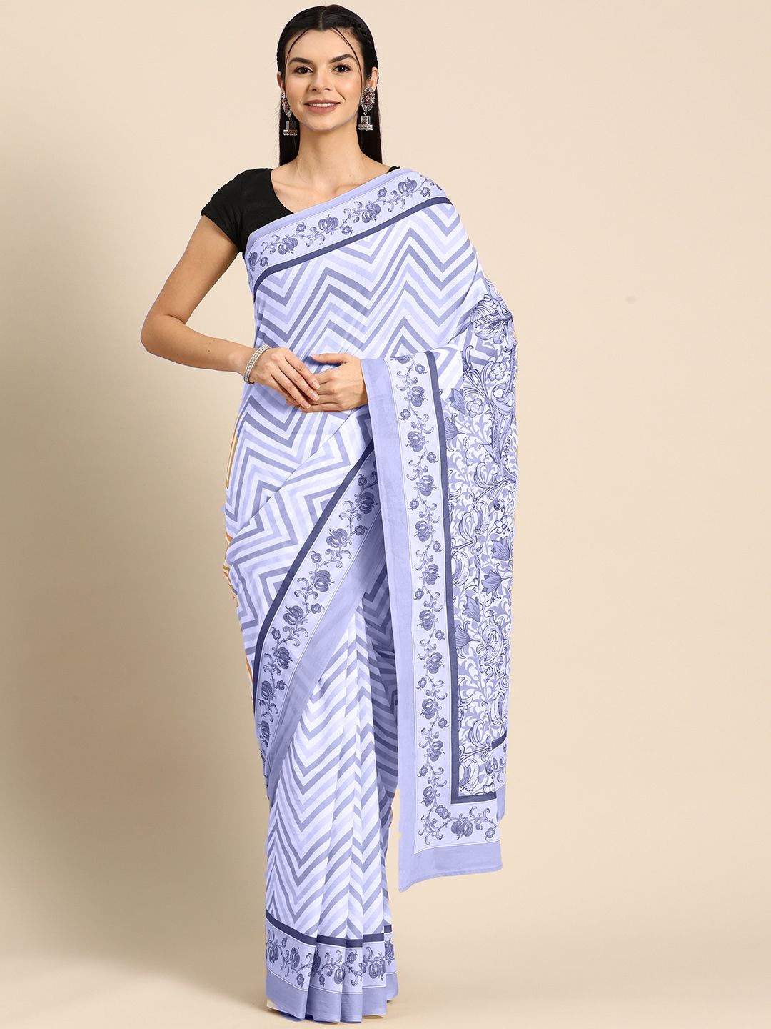

BUTA BUTI Geomatric Printed Floral Pure Cotton Saree, Blue