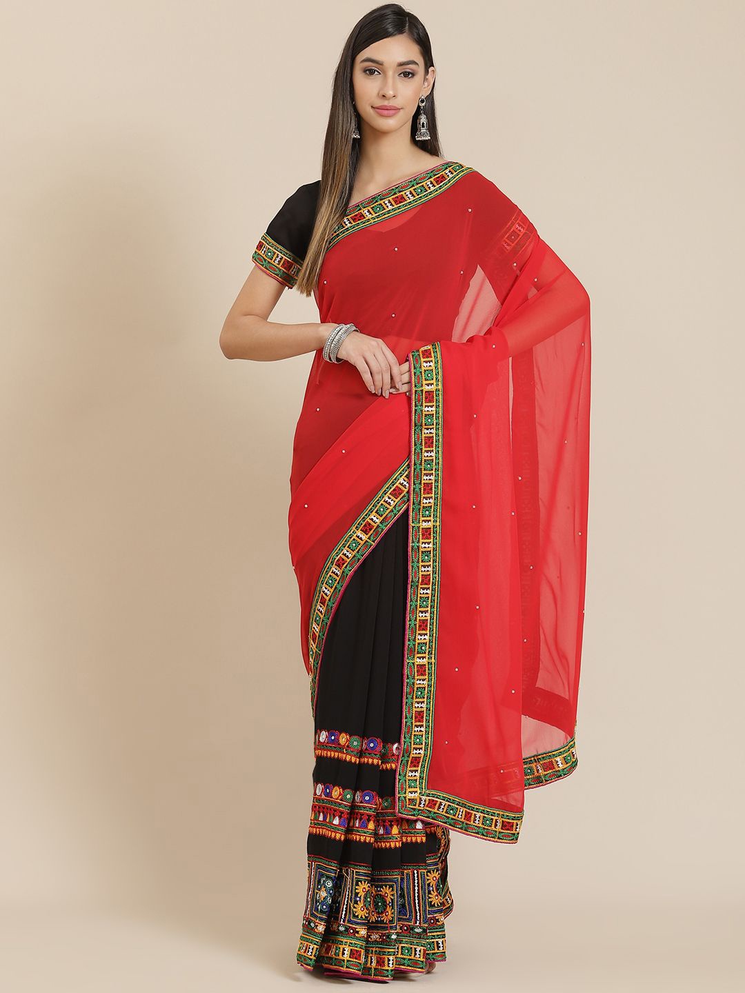 

KALINI Embellished Mirror Work Pure Georgette Saree, Red