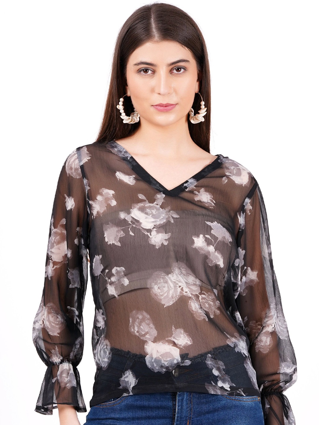 

D 'VESH Print Bell Sleeve Chiffon Top, Black