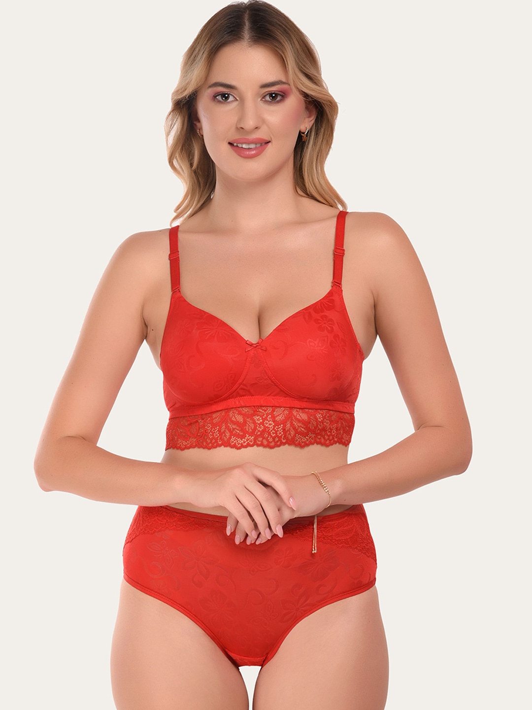 

DressBerry Women Lightly Padded Bra Panty Full Coverage Lingerie Set, Red