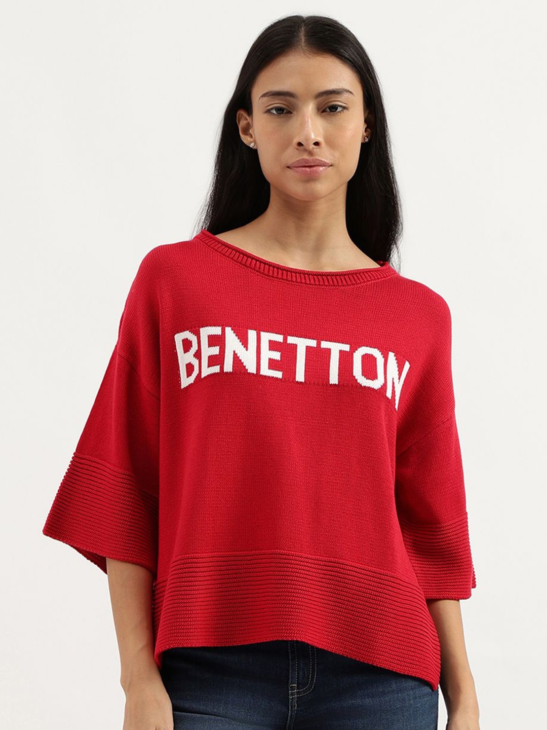 

United Colors of Benetton Print Cotton Boxy Top, Red